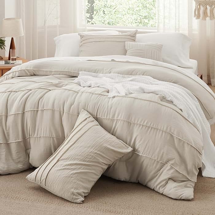 Bedsure Queen Comforter Set - 4 Pieces Pinch Pleat Bed Set, Beige Boho Bedding for All Season, 1 Soft Comforter, 2 Pillowcases, 1 Decorative Pillow - Product Image