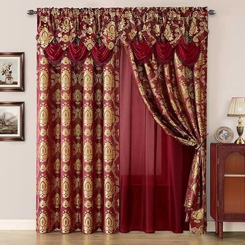 HOMEIDEAS Burgundy Paisley Jacquard Curtains, Victorian Luxury Window Curtains 2 Panels Set with Attached Valance and Sheer Backing, Fancy Drapes for Bedroom & Living Room, 52x84 Inches - Product Image