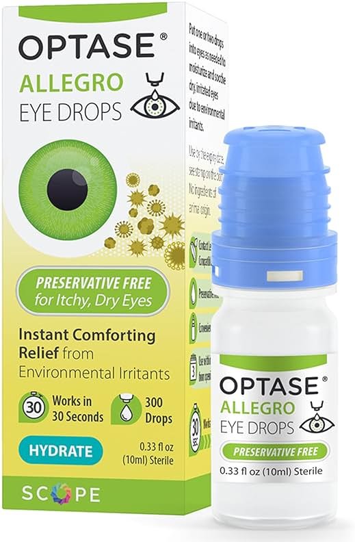 OPTASE Allegro Lubricant Eye Drops, 0.33 fl oz – Preservative Free Eye Drops for Dry Eyes – Artificial Tears for Environmental Irritants - Contact Lens Compatible - Multidose Bottle Contains 300 Doses - Product Image