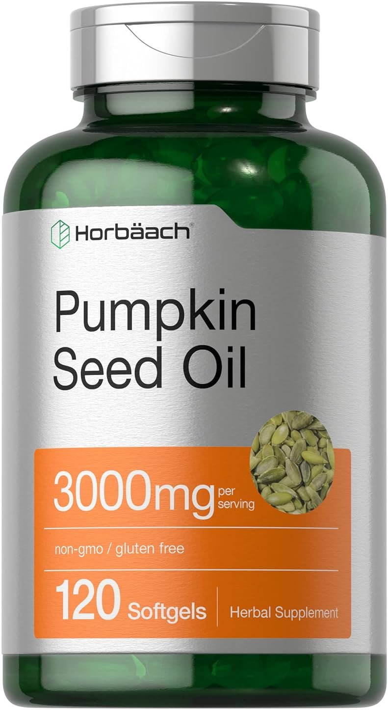 Horbäach Pumpkin Seed Oil 3000mg | 120 Softgel Capsules | Essential Fatty Acids with Omega 6 and 9 | Cold Pressed Dietary Supplement | Non-GMO and Gluten Free Formula - Product Image