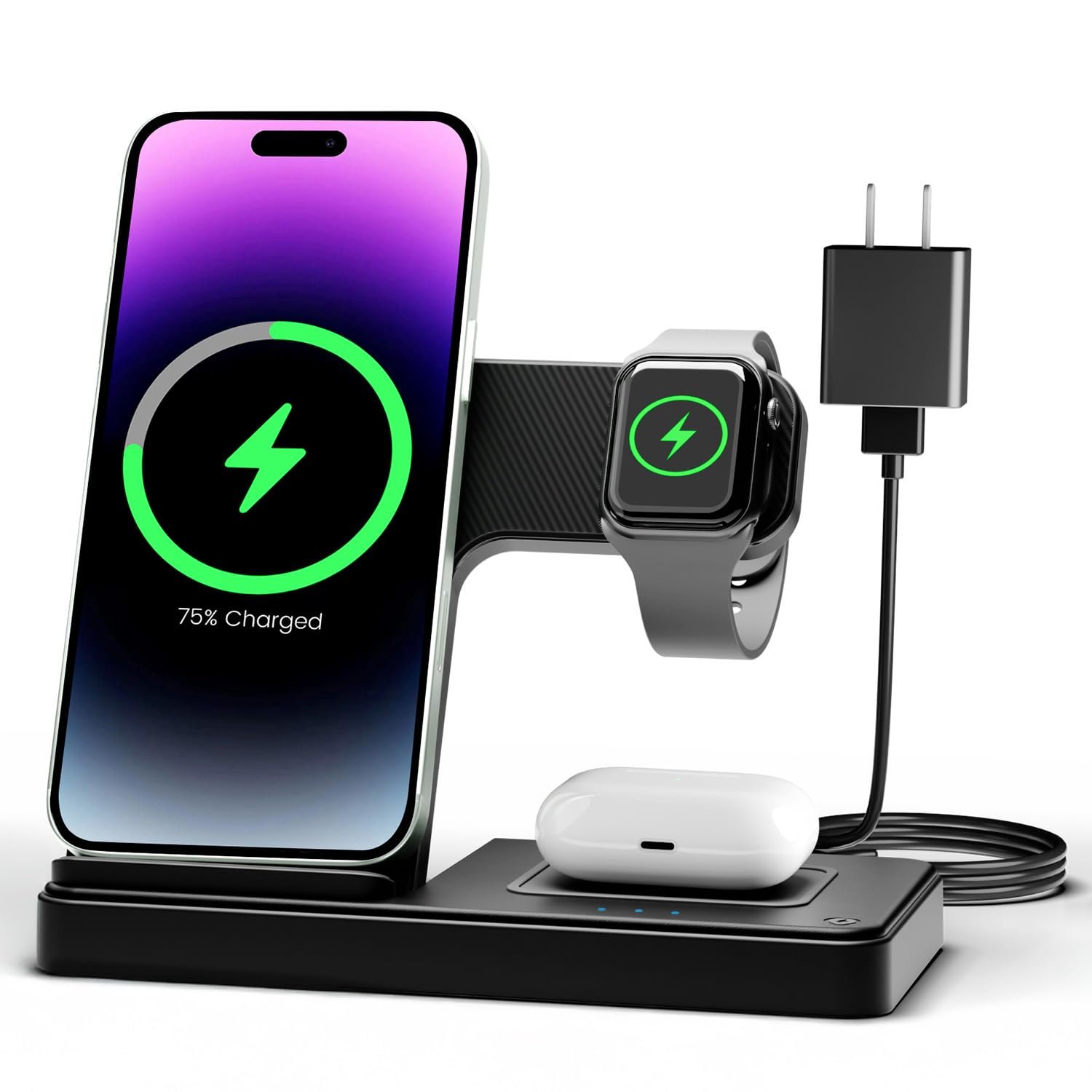 Wireless Charger iPhone Charging Station: 3 in 1 Charger Stand Multiple Devices for Apple - iPhone 17 16e 16 15 14 Pro Max 13 12 11 - Watch 11 10 9 8 7 6 5 4 3 2 SE and Ultra Series - Airpods 4 3 Pro - Product Image