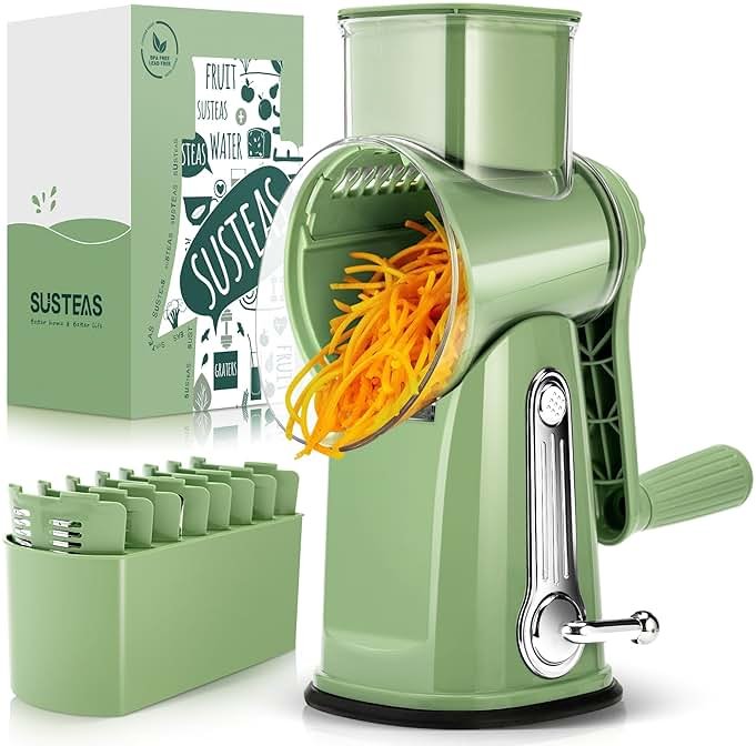 SUSTEAS Rotary Cheese Grater with Handle - Vegetable Shredder with 5 Well-designed Blades & Strong Suction Base,Round Mandoline Slicer & Food Chopper for Kitchen,with Blade Storage Box(Retro Green) - Product Image