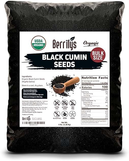 Black Cumin Seeds, Organic, Berrilys, 5 LB, Also Known As Nigella Sativa, Kalonji, Black Seed, Great for Baking, Cooking and Bread Making, Vegan, Keto Diet - Product Image