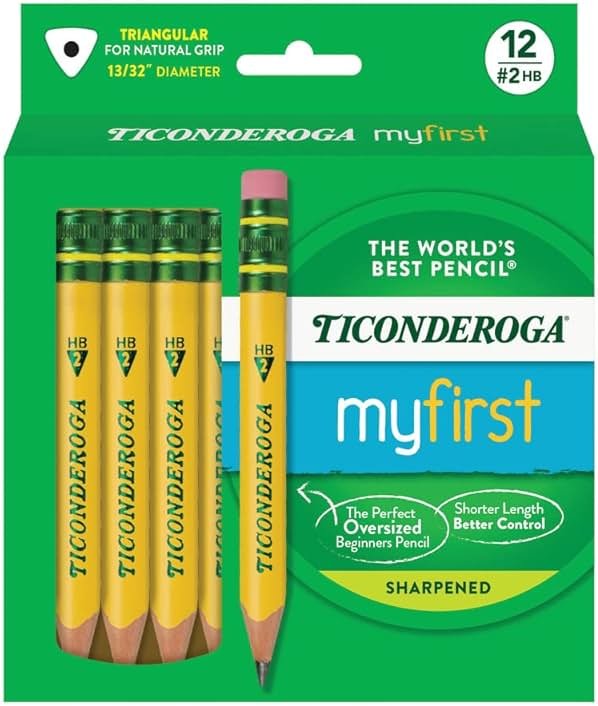 Ticonderoga My First Half-Size Wooden Pencils, Large Triangle-Barrel Pre-Sharpened #2 (HB) Short 4.5" Yellow Pencils with Erasers, Yellow, 12/Pack - Product Image