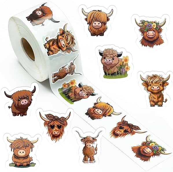 Dvbonike 800Pcs Cute Highland Cow Roll Stickers 8 Style Cartoon Hyland Cattle Decals, Water Bottle Laptop Scrapbook Luggage Decor Incentive School Classroom Rewards Gift Party Favor Supplies - Product Image