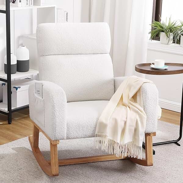 HCHAIRH Rocking Chair Nursery, Sherpa Nursing Rocking Armchair for Mom Nursery Morden Rocker Chair with High Backrest for Living Room,Bedroom,Teddy White - Product Image