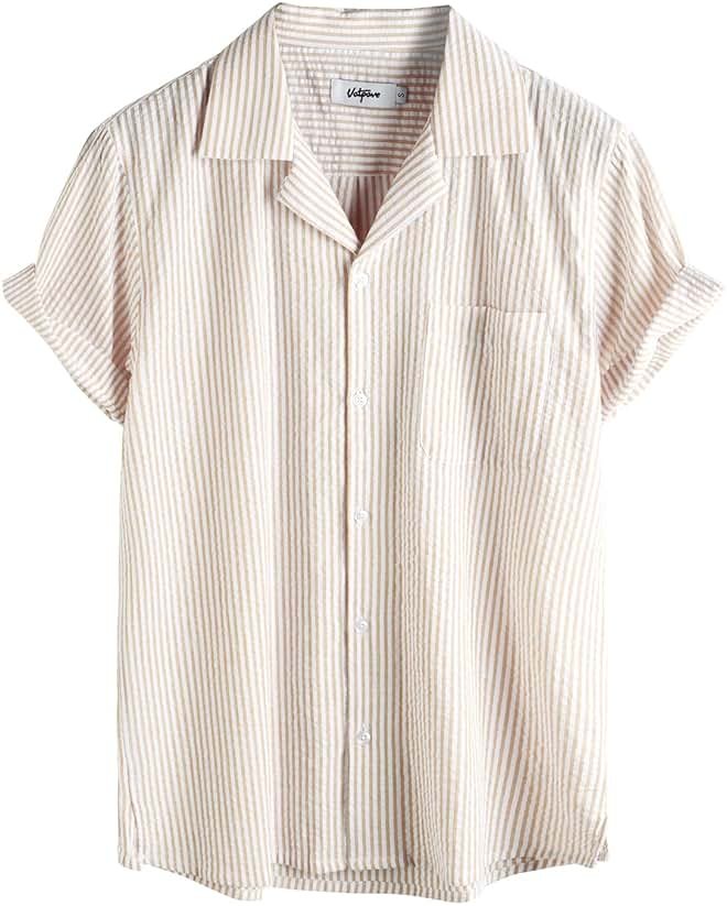 VATPAVE Mens Striped Summer Shirt Casual Button Down Short Sleeve Beach Shirts Cotton Shirts for Men - Product Image