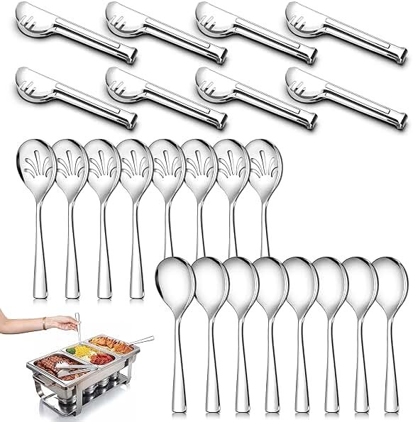 24 Pack Stainless Steel Large Serving Utensils Set - 10" Serving Spoons x 8, 10" Slotted Spoons x 8, and 9" Serving Tongs x 8 by Teivio, for Buffet, Chafing Dish, Catering Supplies (Silver) - Product Image