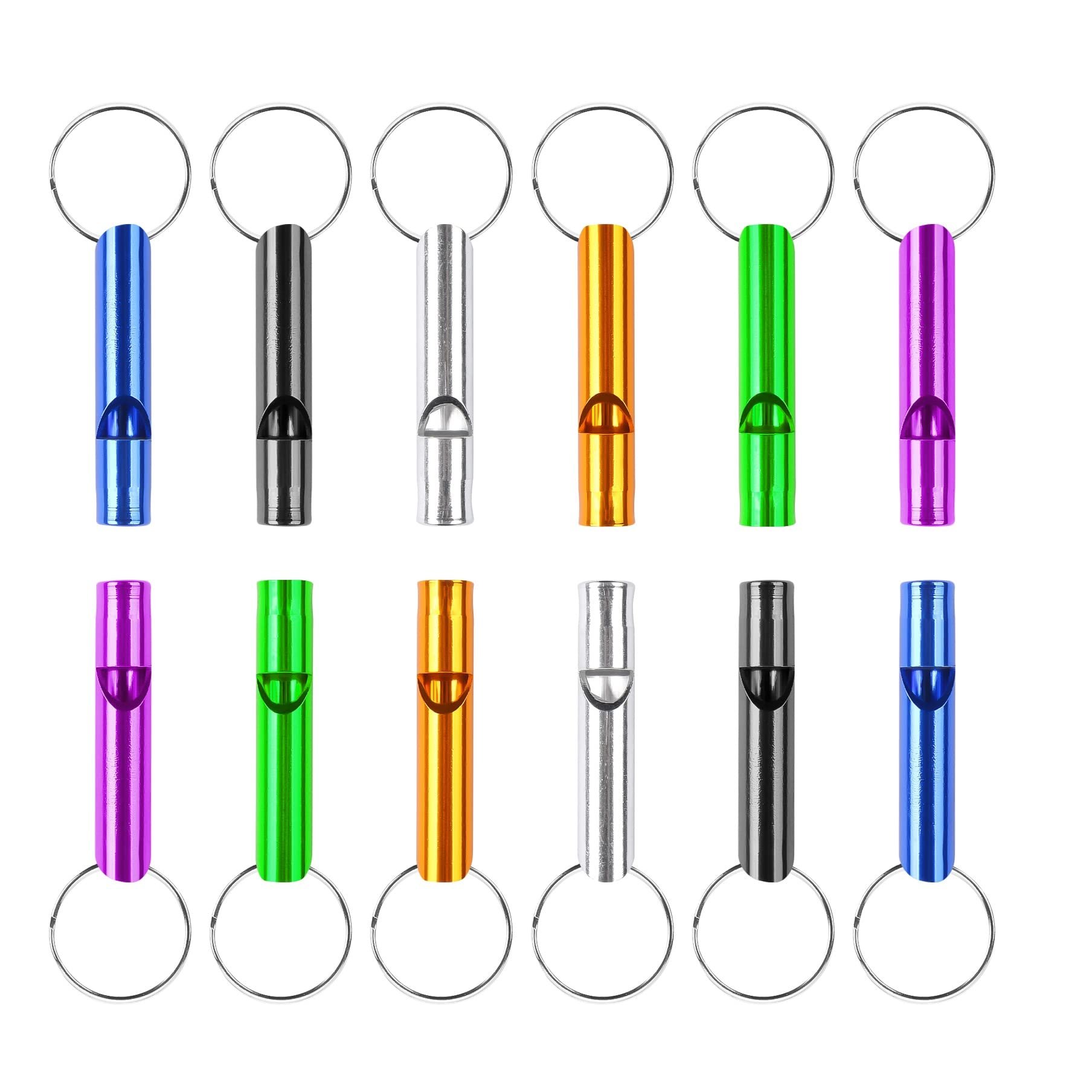 MIDELONG 12 pcs Emergency Whistle with Key Chain, Aluminum Extra Loud Safety Survival Whistle Keychain for Outdoor Sports Camping Hiking Boating Hunting, 6 Colors - Product Image