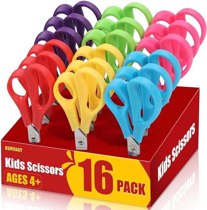 BURVAGY 16Pack 5.5" Safety Small School Kids Student Round Blunt Tip Craft Scissors Bulk, Stainless Steel Blades Comfort Grip Scissors for Kid Children Kindergarten Cutting Paper - Product Image