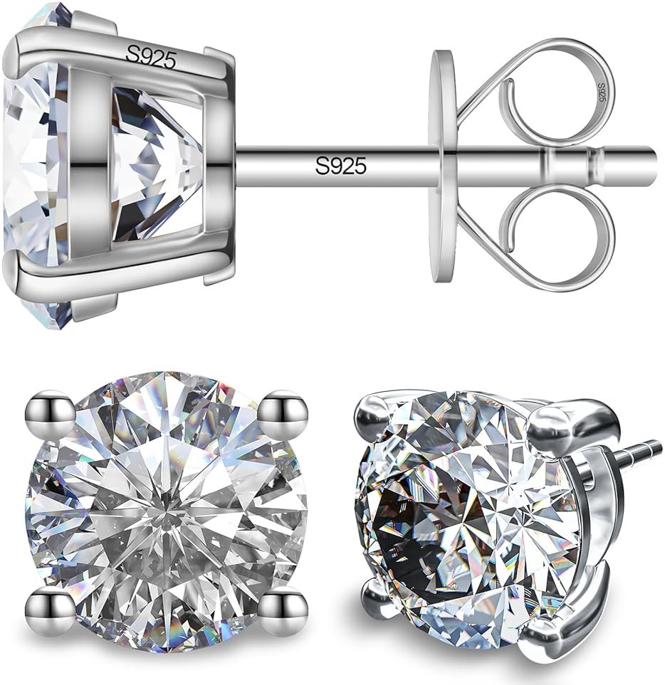 SugarTang Moissanite Earrings, Substitute diamond Stud Earrings for Women 1-3 CT 18K White Gold Plated/S925 Sterling Silver Earring for Men, Lab Grown Hypoallergenic Jewelry - Product Image