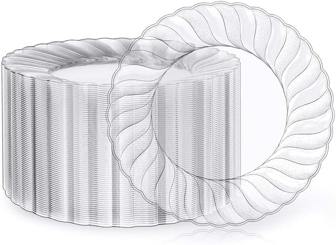 FOCUSLINE 100 Count Clear Plastic Plates 9 Inch, Disposable Heavy Duty Dinner Plates- Premium Hard Plastic Plate Fancy Disposable Clear Plates for Weddings, Parties and Events - Product Image