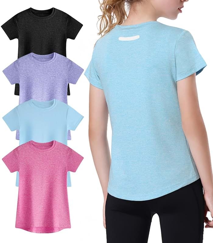 EXARUS Girls Athletic Shirts Quick Dry T Shirts Short Sleeve Tee Workout Activewear Soccer Sports Tops for Tween Kids - Product Image