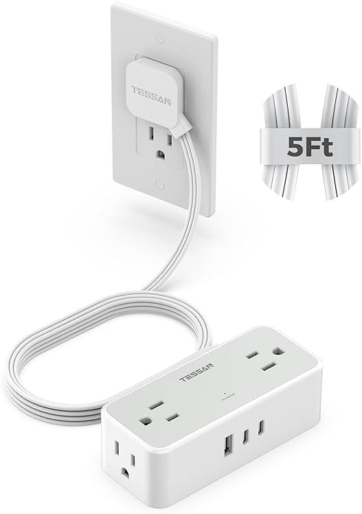 TESSAN Flat Plug Extension Cord 5 FT, Surge Protector Power Strip with 4 AC Outlets 2 USB C and 1 USB A Ports, 900 Joules Protection, Multiple Wall Outlet Extender Suitable for Office Dorm, Grey - Product Image