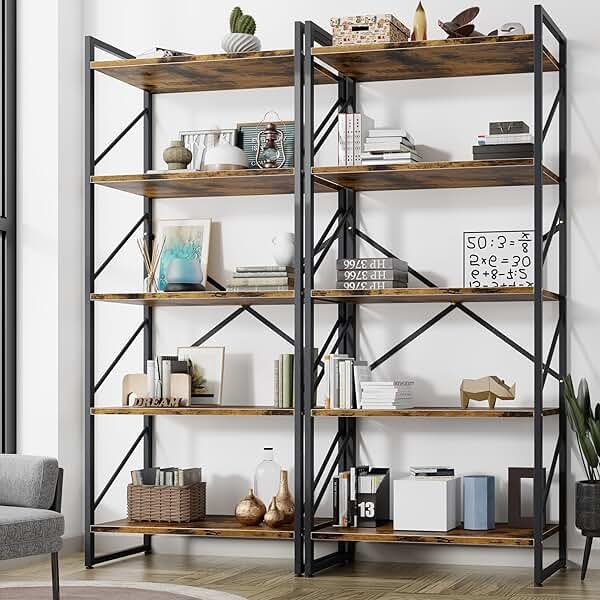 Shintenchi 2 Pieces 5 Tiers Bookshelf, Classically Tall Bookcase Shelf, Industrial Book Rack, Modern Book Holder in Bedroom/Living Room/Home/Office, Storage Rack Shelves for Books/Movies-Rustic Brown - Product Image
