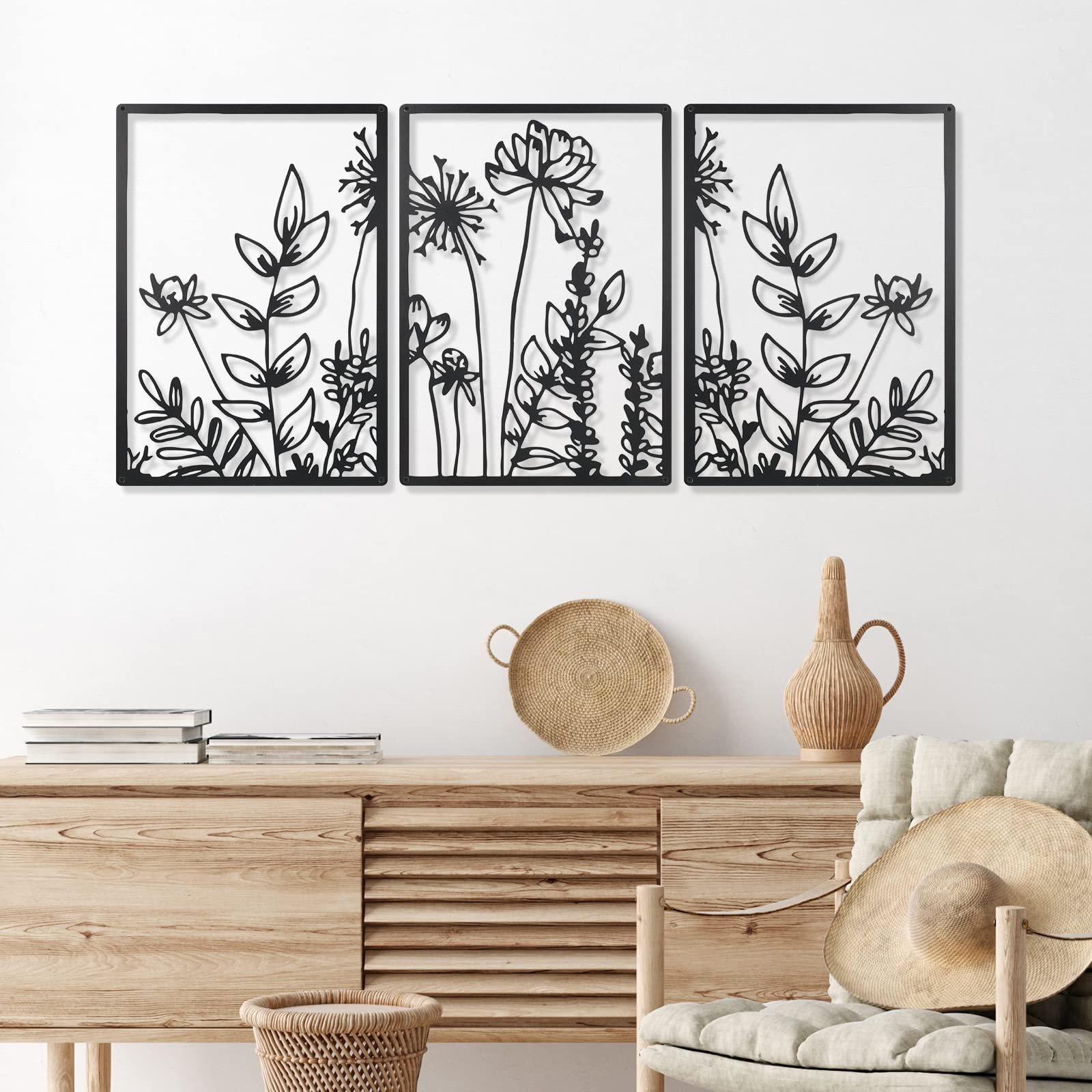 Therwen 3 Pcs Black Metal Wall Art Minimalist Wall Decor for Bedroom Flowers Decor Hanging Flower Bathroom Art Flower Line Sculpture Kitchen Decoration 16.5 x 9.8 Inch(Cute Style) - Product Image