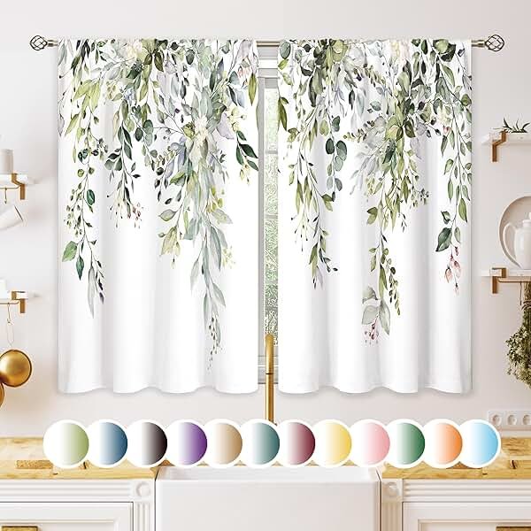 oolygoo Eucalyptus Botanical Leaves Floral Kitchen Window Curtains Over Sink Boho Farmhouse Flower Leaf Small Window Treatment Sage Green Cafe Short Curtains for Bathroom Tier Drapes 27.5x39 inch - Product Image
