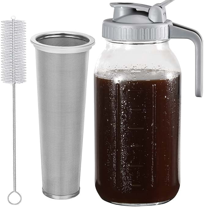 Cold Brew Coffee Maker Pitcher, 64 Oz Heavy Duty Wide Mouth Glass Mason Jar pour spout Lid with Stainless Steel Filter for Iced Coffee, Ice Lemonade, Fruit Drinks, Sun Tea - Product Image