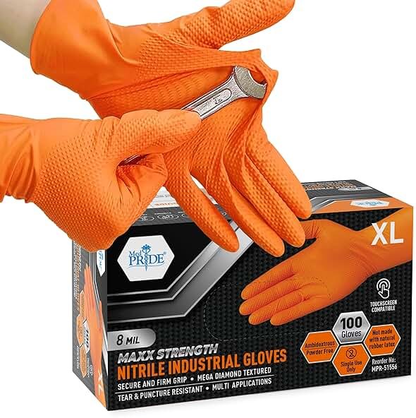 MED PRIDE Maxx Strength Nitrile Industrial Orange Gloves, 8 Mil Thick - Diamond Texture Disposable Heavy-Duty, Tear-Resistant - Product Image