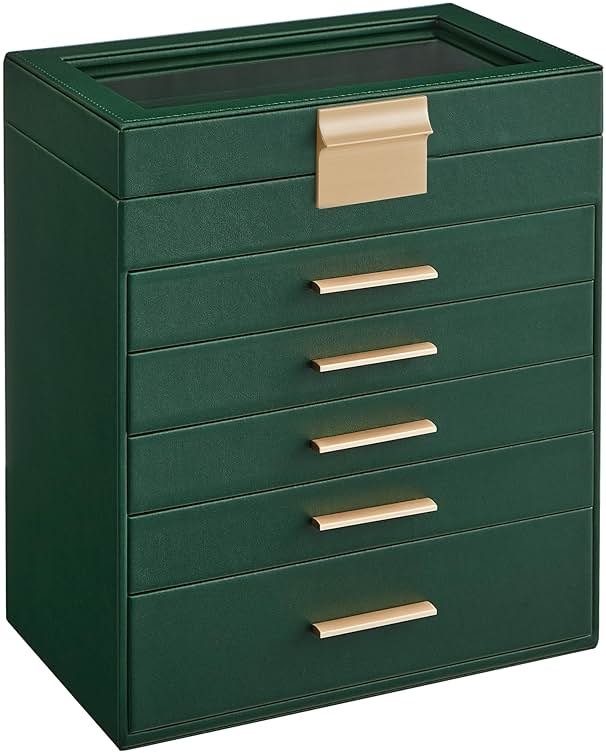 SONGMICS GISELLA Collection - Jewelry Box with Glass Lid, 6-Layer Jewelry Storage Organizer, 5 Drawers, for Sunglasses, Modern Style, Forest Green and Gold Colour UJBC171C01 - Product Image