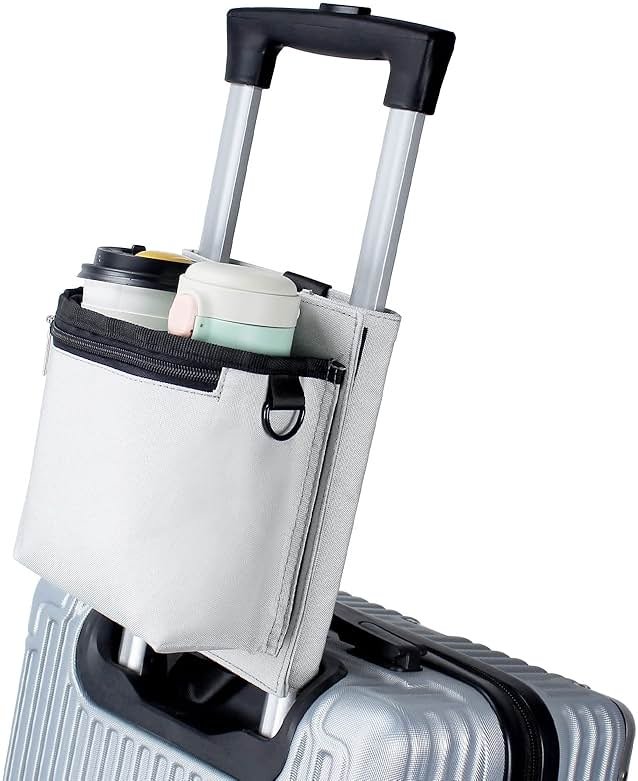 Bokelai Luggage Travel Cup Holder with Luggage Straps (20oz/24oz/ diameter less than 3.15") Free Hand Drink Caddy Beverage Holder Fits Roll on Suitcase Handles Light Grey - Product Image