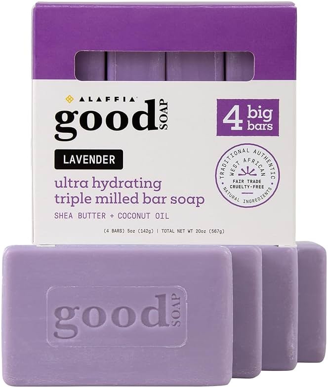 Alaffia Good Soap Lavender (4 Bars) + Trial-Size Herbal Bar – Long-Lasting, Triple-Milled with Fair Trade Shea Butter - Product Image