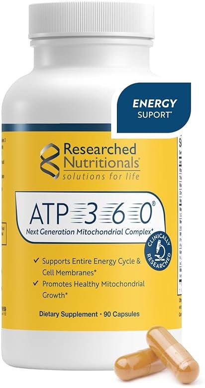 Researched Nutritionals ATP 360 - Mitochondrial Supplements to Support Entire Energy Cycle & Cell Membranes - Clinically Researched ATP Supplements, High Dose CoQ10, R-Lipoic Acid & PQQ, 90 Capsules - Product Image