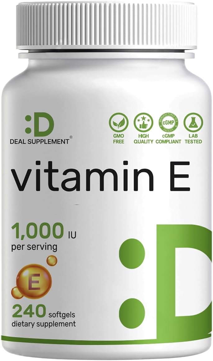 Vitamin E Supplements, 1,000 IU Per Serving, 240 Softgels – Extra Strength Antioxidant Protection – Bioavailable Stable Form – Skin, Heart, Brain, & Immune Support – Non-GMO - Product Image