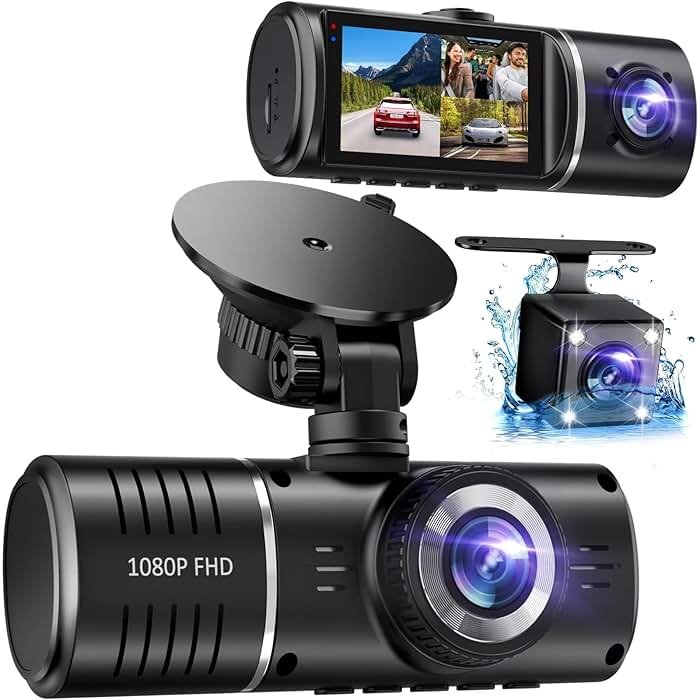 Dash Cam Front and Rear, 1080P Dash Camera for Cars, 3 Channel Car Camera Front Rear and Inside with 32GB Card, Loop Recording, Night Vision, HDR, 24Hr Parking, G-Sensor - Product Image