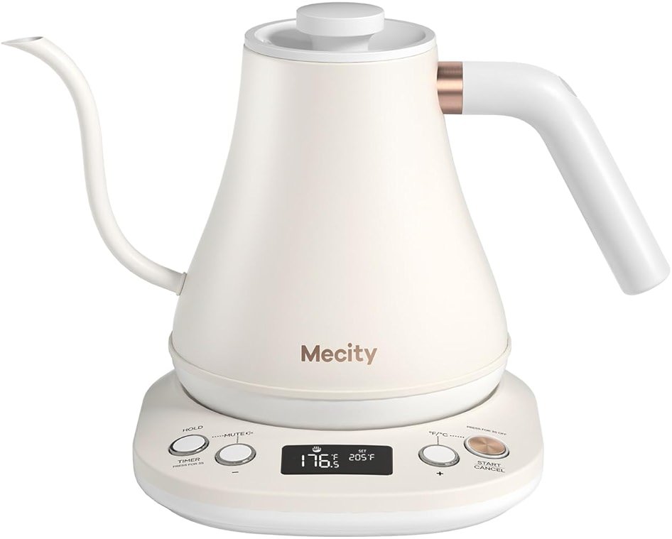 Mecity Electric Gooseneck Kettle With Keep Warm Function & LCD Display Automatic Shut Off Coffee Kettle Temperature Control Pour Over Kettle 1200 Watt, 0.8L, 120V, Off White - Product Image