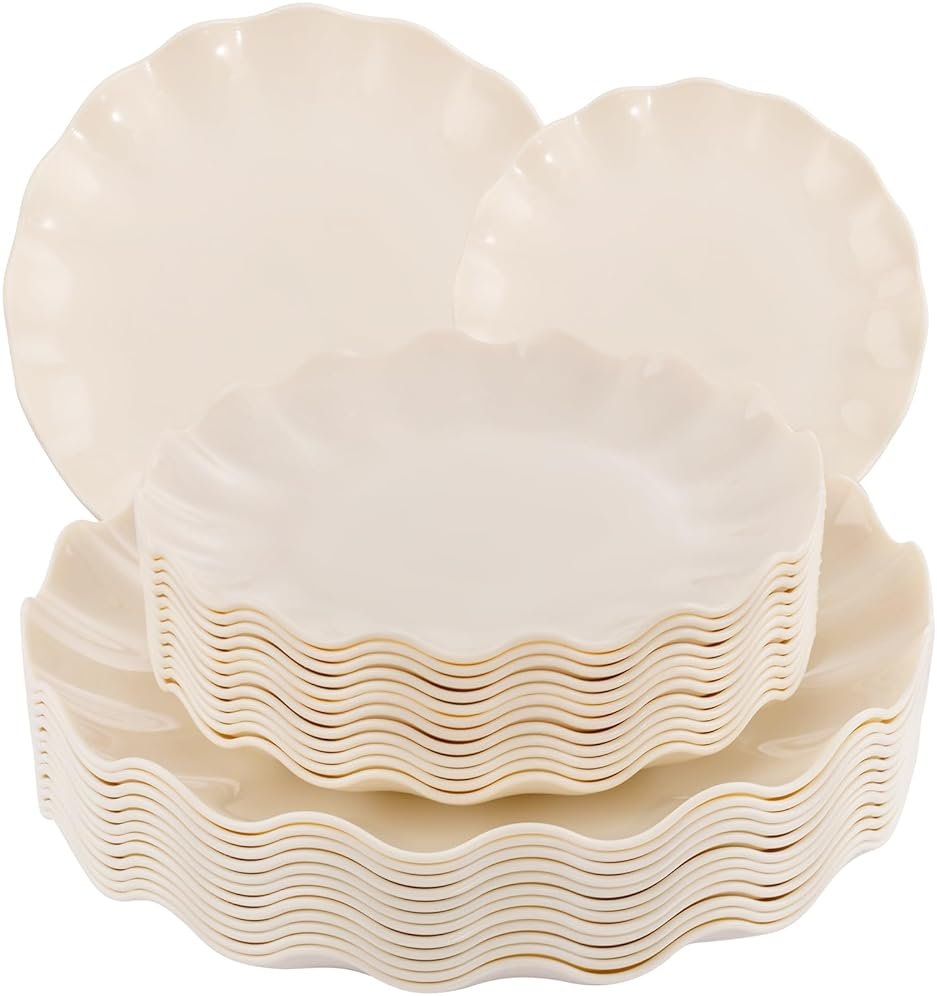 LIYH 24 Pcs Plastic Plates Reusable,Unbreakable Dinner Plates, Scalloped Plastic Plates, Dishwasher Safe,Ivory Plate Sets Perfect for Parties, Birthday, Picnics, BPA Free(12Guests) - Product Image