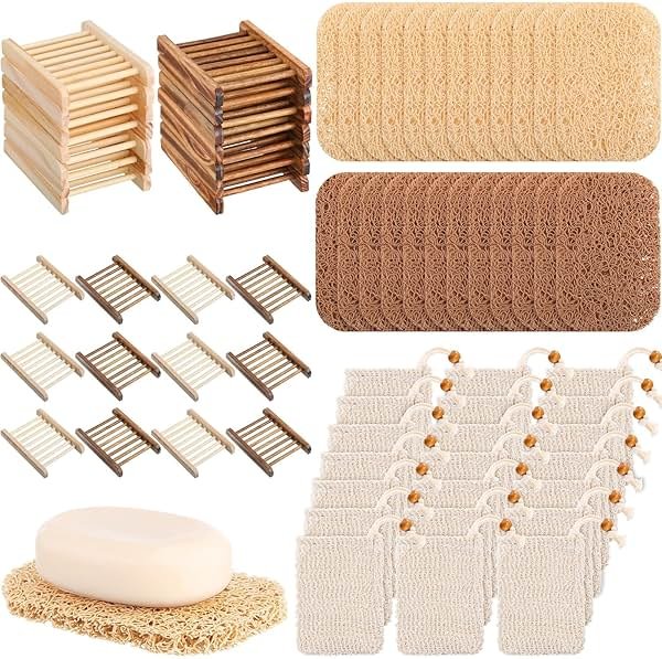 90 Pcs Soap Saver Set Including Wooden Dish, Exfoliating Bag, Saver Pads Bulk with Self Drain, Bar Soap Holder Mesh Bag for Shower Bath Home Toilet Kitchen Hotel Restaurant - Product Image