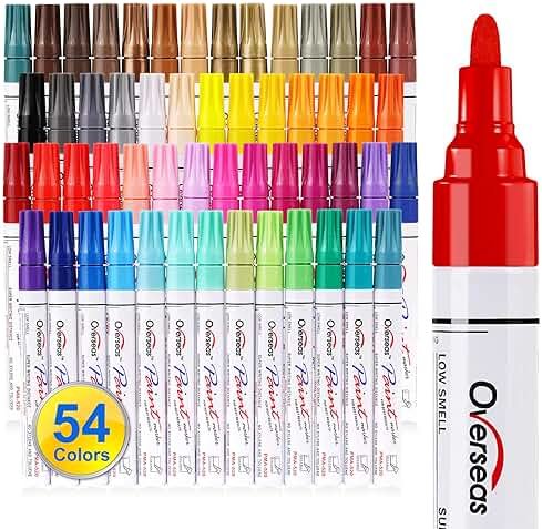 Overseas 54 Colors Paint Pens, Oil Based Assorted Colors Permanent Markers - Medium Tip, Quick Dry, Waterproof Paint Markers for Metal, Wood, Plastic, Rock, Stone, Canvas, Glass, Rubber, Leather - Product Image