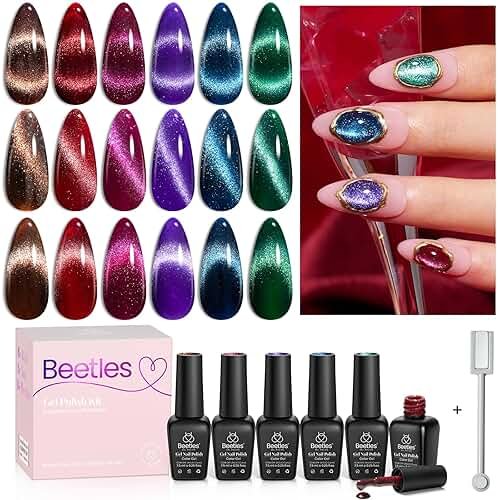 Beetles Cat Eye Gel Nail Polish Set, 6 Colors Glitter Gel Polish Kit Red Pink Shiny Brown Burgundy Purple Blue Green Magnetic Effect Sparkle Stunning Soak Off UV Manicure Gifts for Women - Product Image