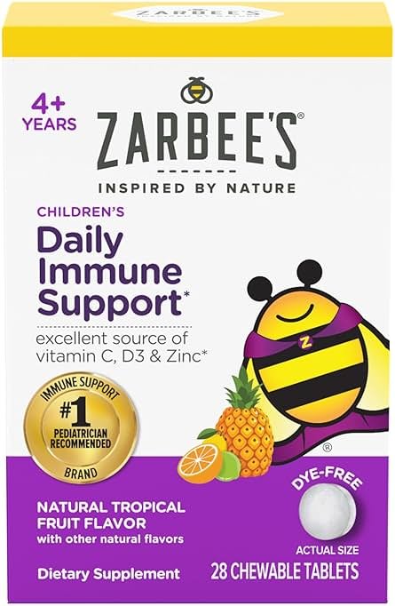 Zarbee's Kids Immune Support, Vitamin C, D & Zinc Daily Immunity Vitamins for Children 4+ Years, Natural Tropical Fruit Flavor, 28 Chewable Tablets - Product Image