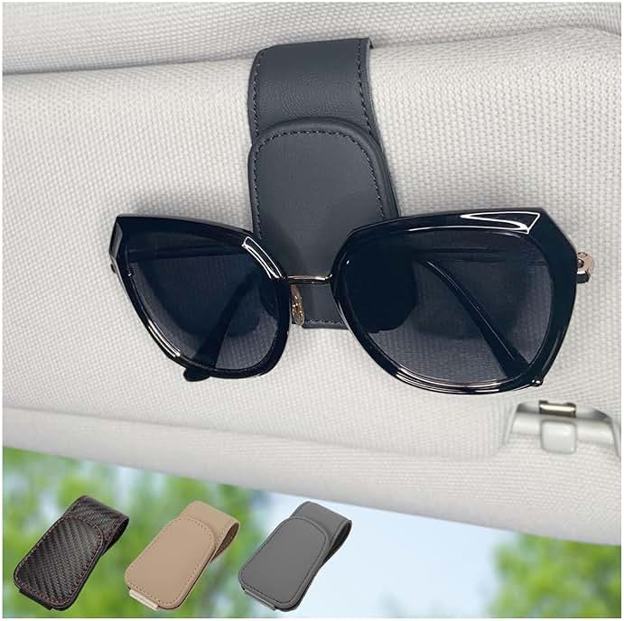 CHOSMOYI Magnetic Leather Sunglass Holder for Car, Sunglasses Clip for Car Visor, Auto Interior Accessories Universal for Different Size Eyeglasses (Black) - Product Image