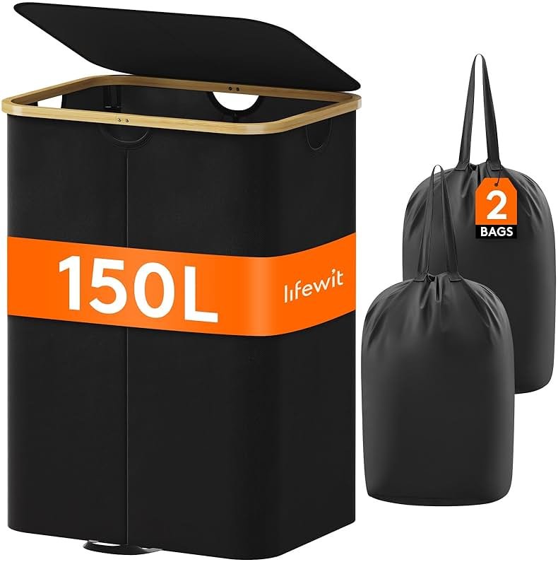 Lifewit 150L Double Laundry Hamper with Lid, Large Laundry Basket with Removable Bag & Bamboo Handles, Fodable Tall Dirty Clothes Hamper for Laundry Collapsible Bin for Bathroom Bedroom Dorm, Black - Product Image