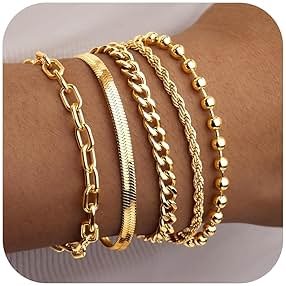 Gold Bracelets Set for Women Stack, Chunky Thick Bracelets Stack for Women Trendy, Simple Dainty Thin Gold Plated Cuff Stackable Bracelets With Beaded Cuban Paperclip Snake Rope Bangle Hand Chain Jewelry - Product Image
