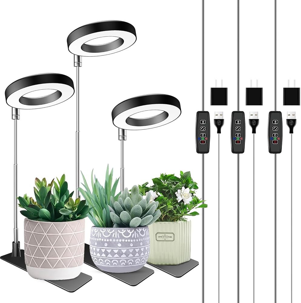 Aokrean Plant Grow Light, 48 LEDs Full Spectrum Grow Lights for Indoor Plants, Height Adjustable Small Halo Grow Light with Base, 3 Optional Spectrums, Auto Timer 3/9/12Hrs, 10 Brightness, 3 Pack - Product Image