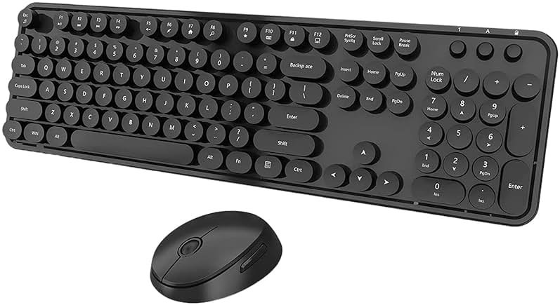Wireless Keyboard and Mouse Combo, Cute Full Size 104-Key Typewriter Retro Round Keycaps Keyboard for PC Laptop,Windows,Desktop,Perfer for Home and Office Keyboards (Black) - Product Image