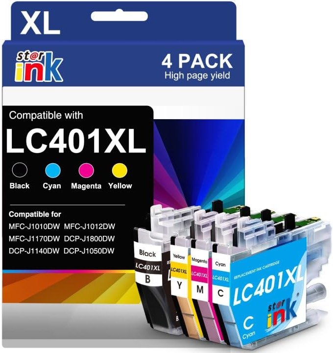 LC401XL LC401 Ink Cartridges Replacement for Brother Ink Cartridges LC401 XL Compatible for Brother MFC-J1010DW MFC-J1170DW MFC-J1012DW MFC-J1800DW Printer(Black Cyan Magenta Yellow, 4 Pack) - Product Image