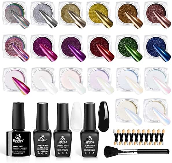 Beetles 20 Colors Metallic Chrome Nail Powder Kit 24Pcs Pearl Chrome Nails Powder Glitter Gold Silver Mirror Nail Art with Base Top Coat & Decoration Sealing Black Gel Nails Polish Gifts for Women - Product Image
