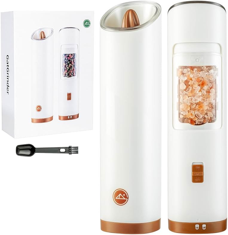 GATGOODS Gravity Electric Salt and Pepper Grinder Set, Adjustable Coarseness, Warm LED Light, One-handed Automatic Operation, Battery Powered, White, Electric Pepper Mills - Product Image