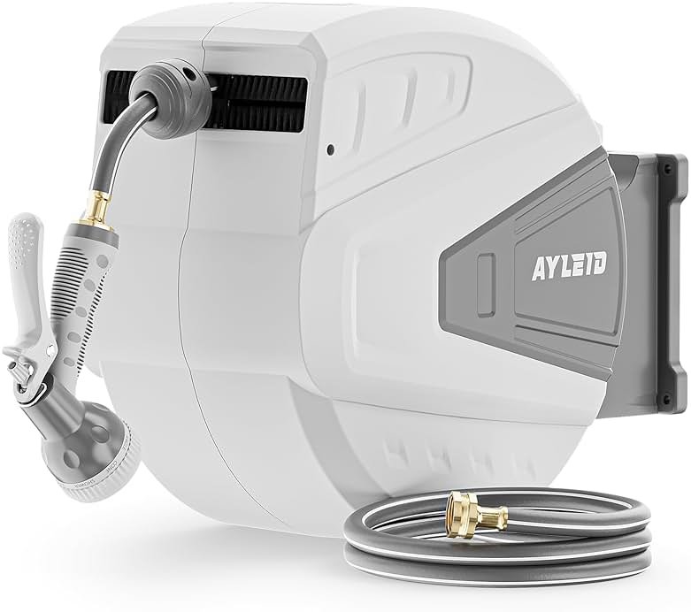 Ayleid Retractable Garden Hose Reel,5/8 in x 100 FT Wall Mounted Hose Reel, with 9- Function Sprayer Nozzle, Any Length Lock/Slow Return System/Wall Mounted/180°Swivel Bracket (Gray) - Product Image