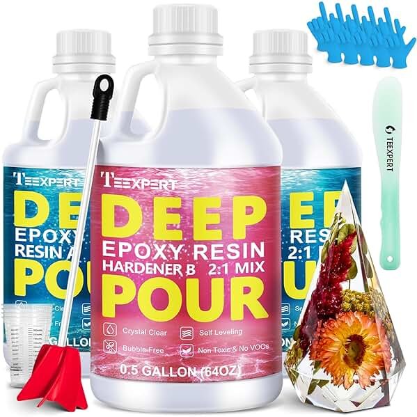 Teexpert Deep Pour Epoxy Resin, 1.5 Gallon Epoxy Resin Kit for 2-4" Pour Depths, Crystal Clear & High Gloss, Bubble-Free Casting Resin for River Tables, Flower Preservation and Mold Crafts - 2:1 Mix - Product Image