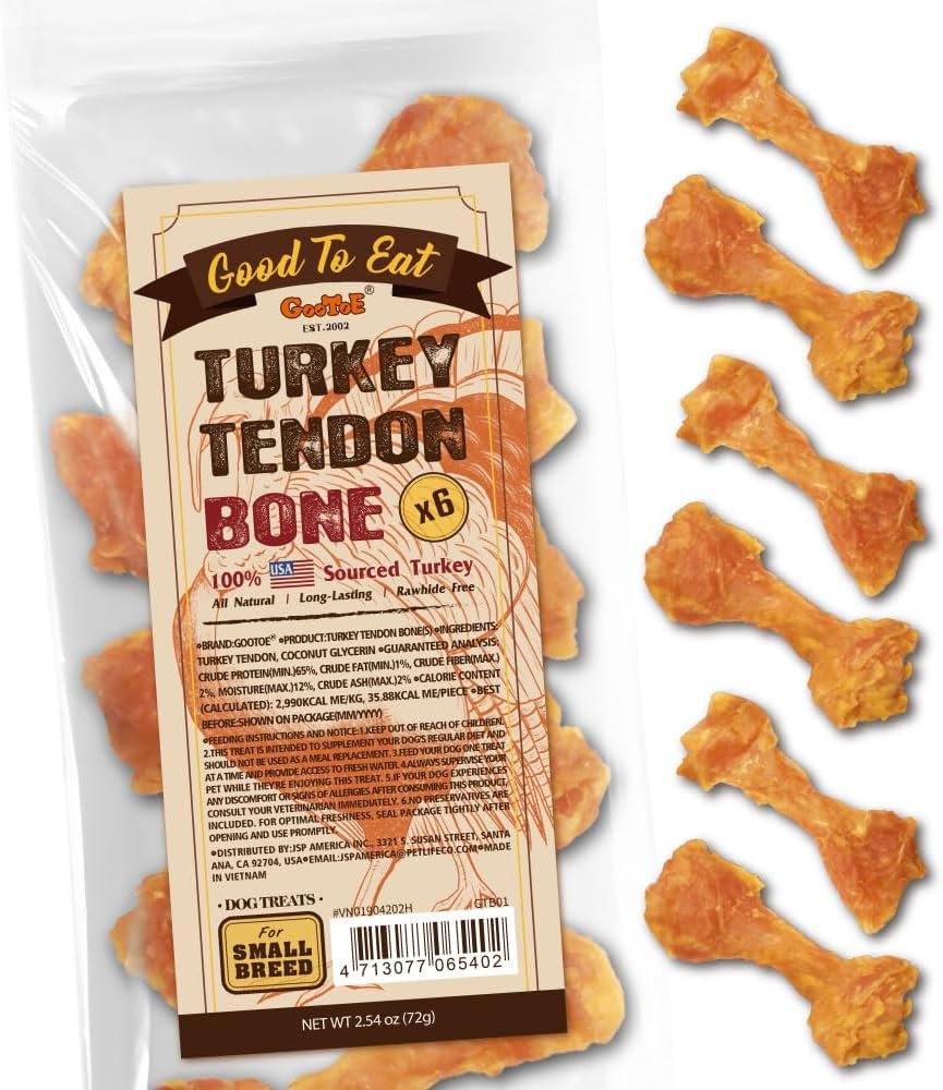 Gootoe Turkey Tendons for Dogs –All-Natural, Hypoallergenic Dog Treats, Rawhide Alternative, Long Lasting Puppy Chews, Healthy Dog Treats for Small Breeds, Bone (S), 6 Count Pack - Product Image