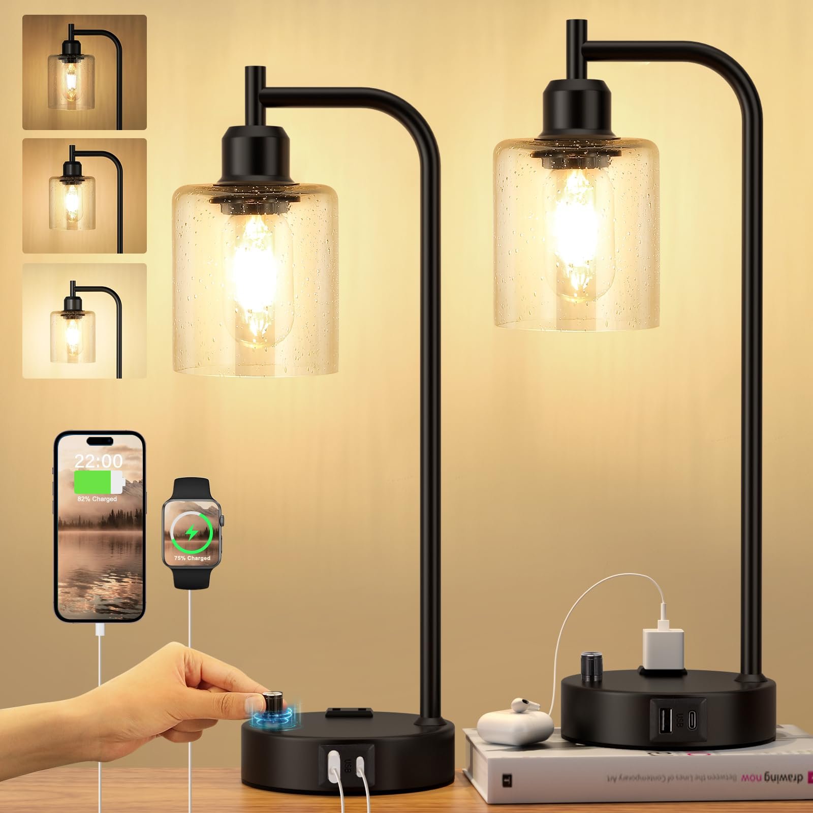 Industrial Table Lamps for Bedrooms Set of 2 - Fully Dimmable Bedside Lamps with USB A and C Ports and Outlet, Black Nightstand Lamps with Glass Shade for Living Room, Desk Lamps for Office Reading - Product Image