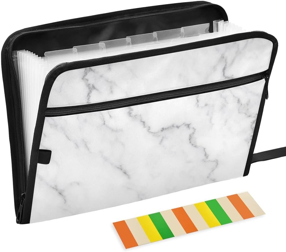 White Gray Marble Expanding File Folder with Sticky Labels 13 Pocket Grey Tie Dye Accordion File Folder Document Organizer with Zipper Closure Letter A4 Paper Document Folder for School Boys Girls - Product Image