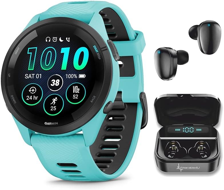 Wearable4U Garmin Forerunner 265 Music GPS Running 46 mm Smartwatch, Aqua with AMOLED 1.3 in Touchscreen Display Black Earbuds Bundle, Aqua +Blk EarBuds - Product Image