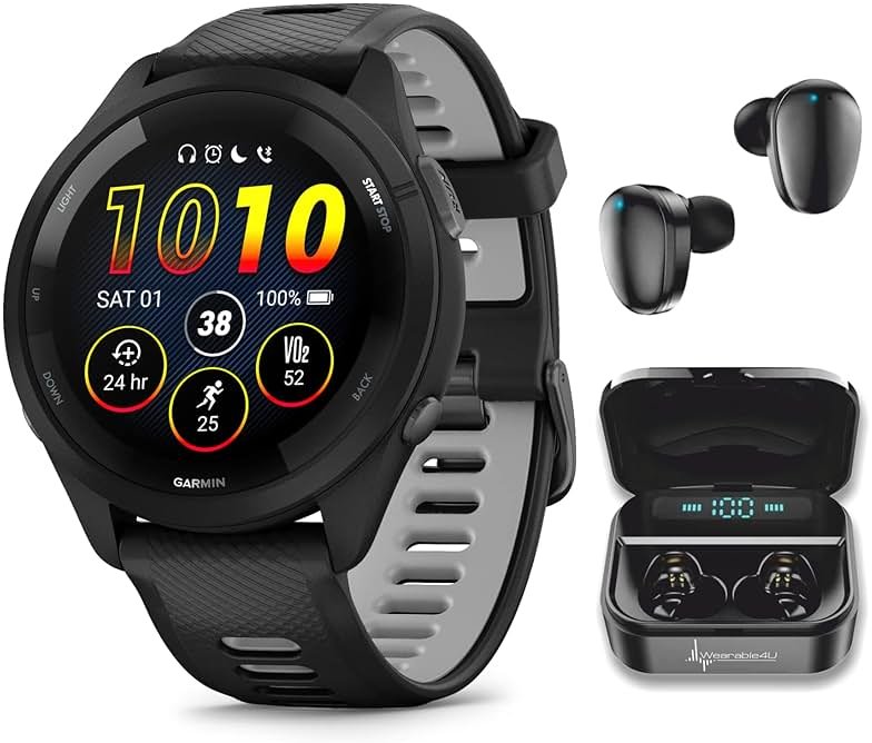 Wearable4U Garmin Forerunner 265 Music GPS Running 46 mm Smartwatch, Black with AMOLED 1.3 in Touchscreen Display Black Earbuds Bundle, Black +Blk EarBuds - Product Image